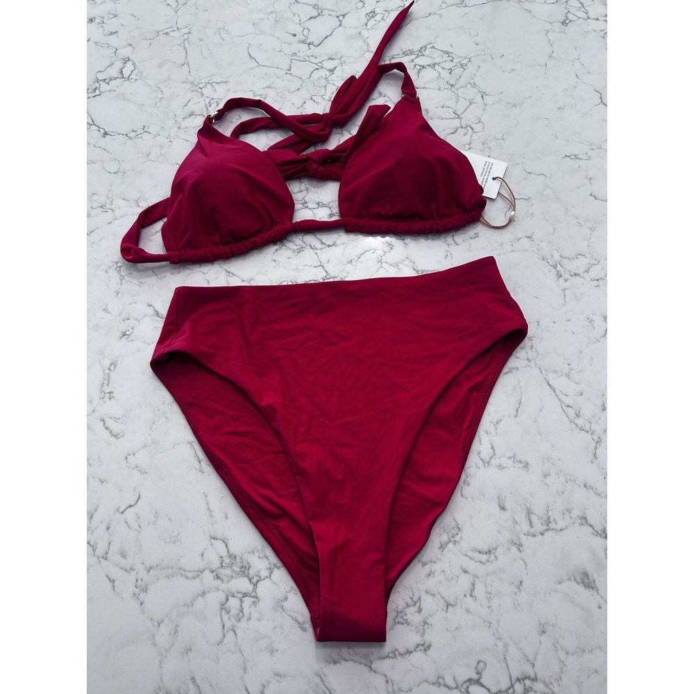 New Quince Cherry Red Italian Triangle Full Coverage Bikini Top High Leg Bottom